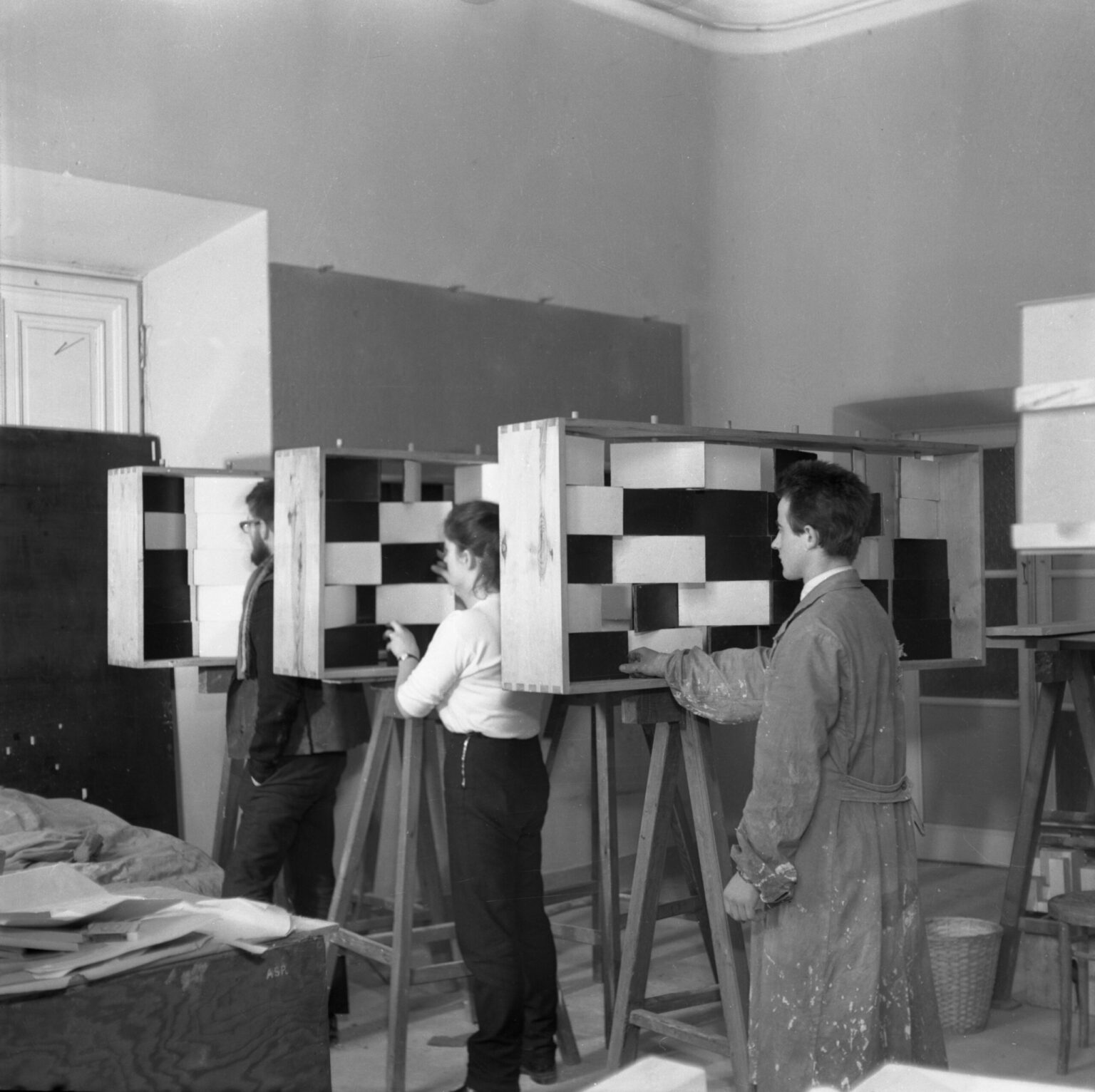 Archival photograph of students in the studio