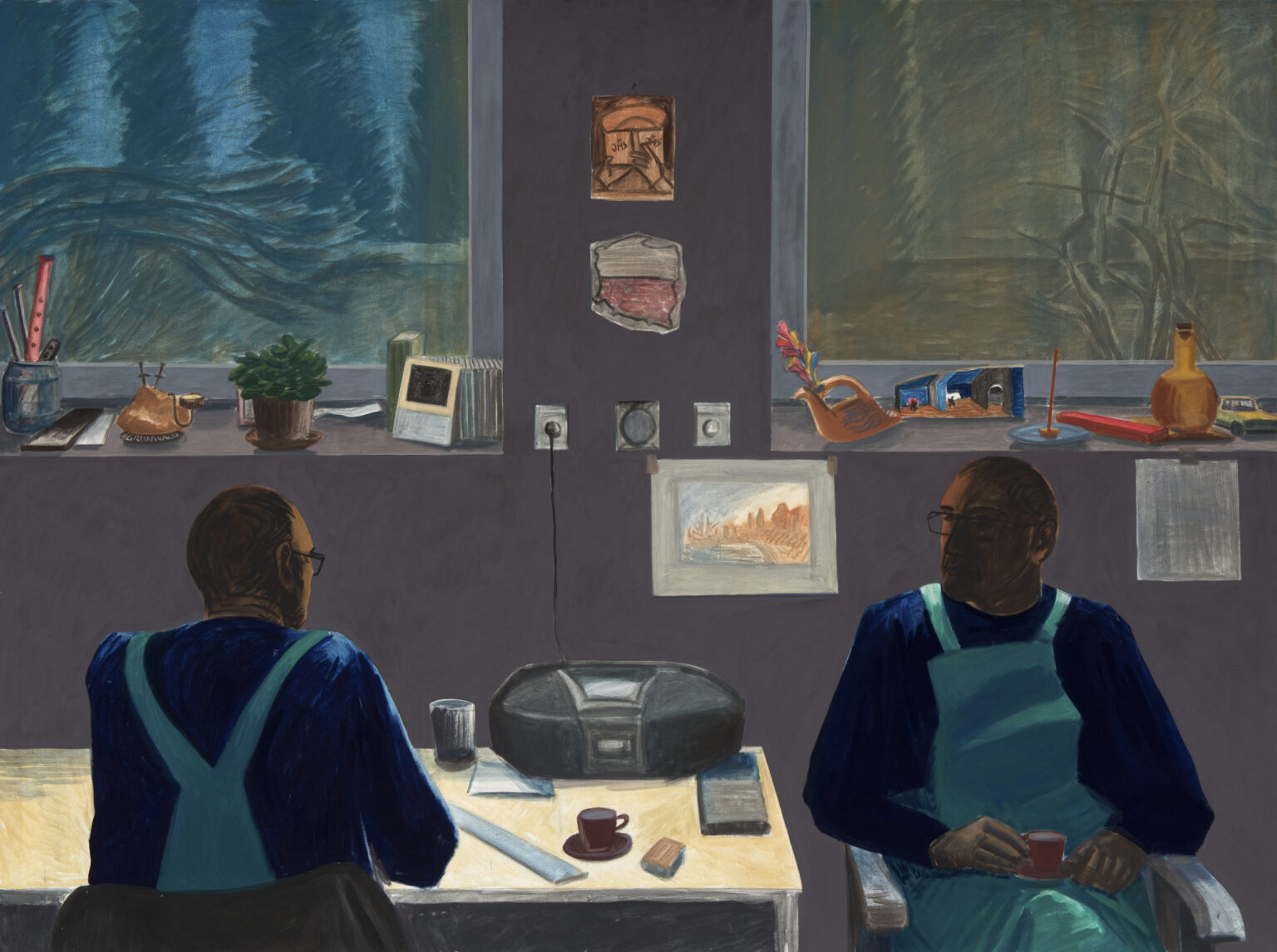 A painting depicting two men at a desk, their backs turned to the viewer.
