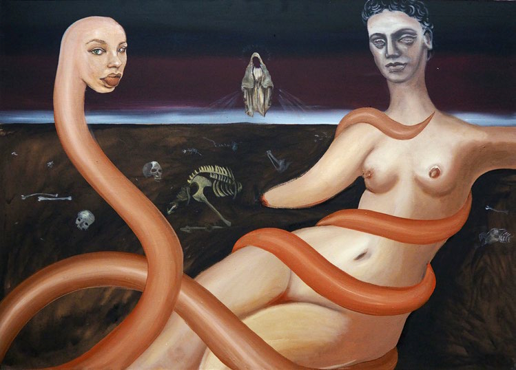A painting depicting a woman and a snake.